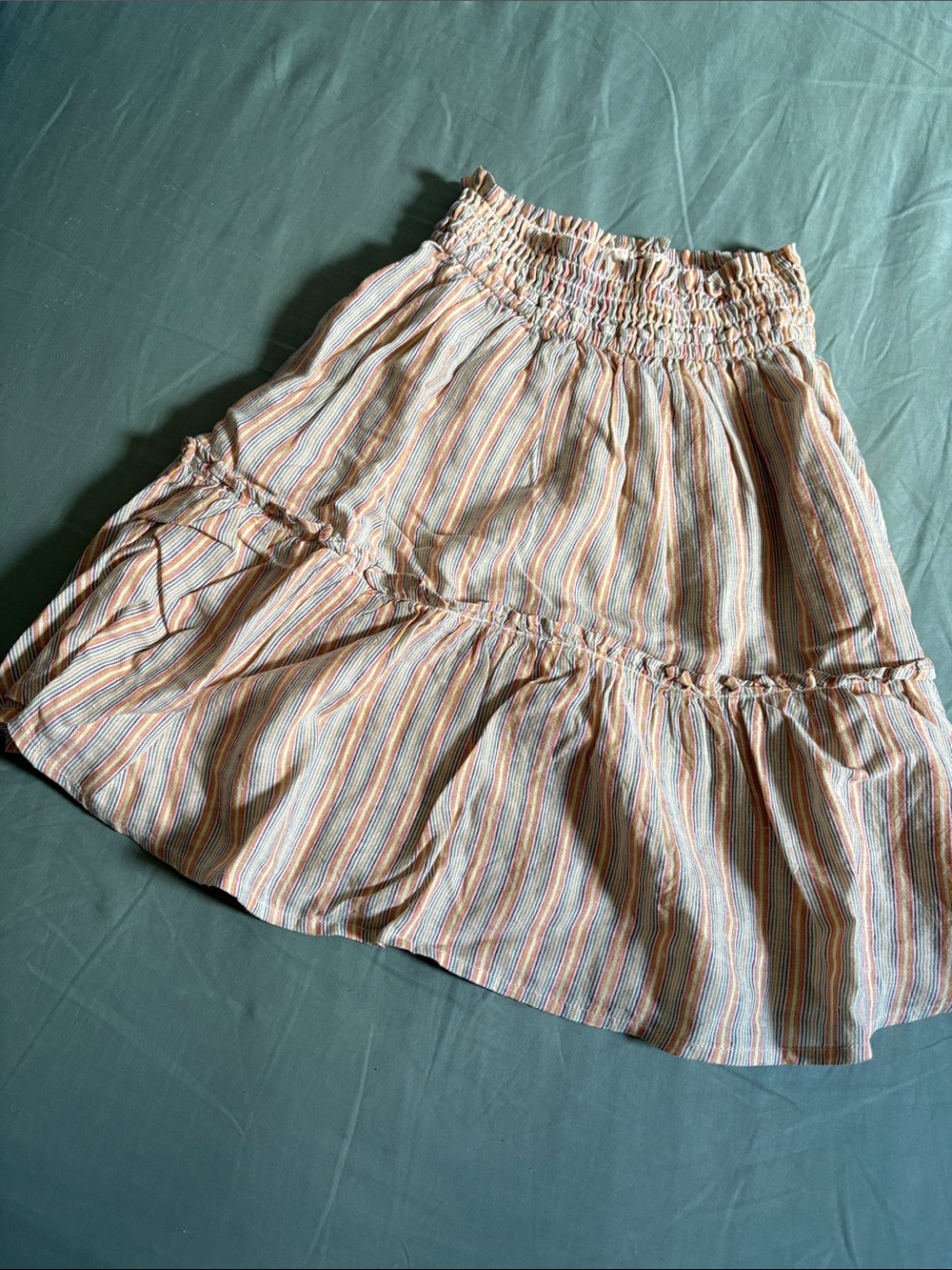 Marine Layer Cream Tiered A-Line Midi Skirt with Pastel Stripes